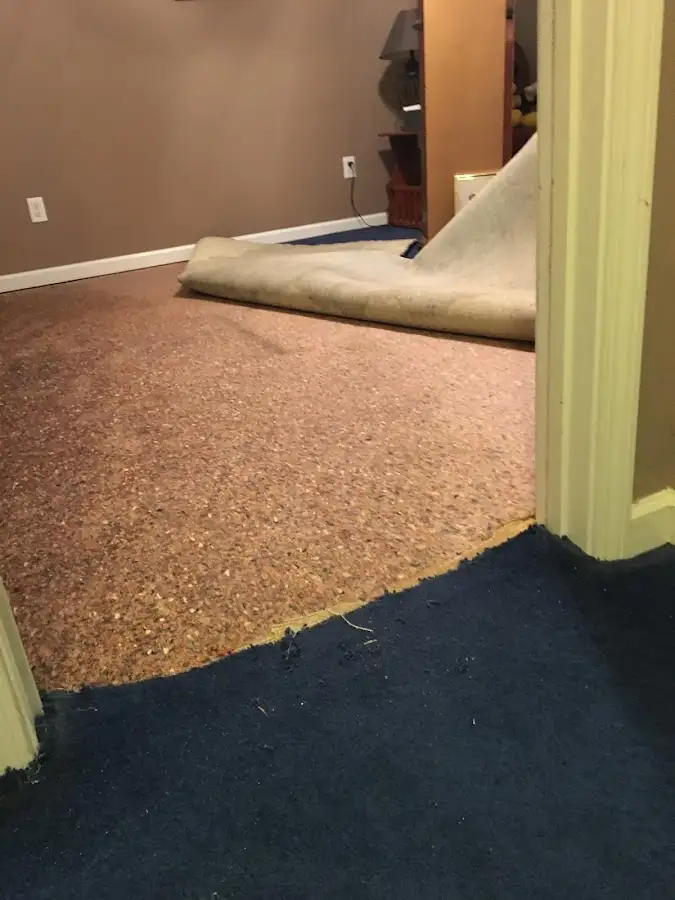 Carpet pad removal revealing water damage during Water Mitigation Services in Noblesville